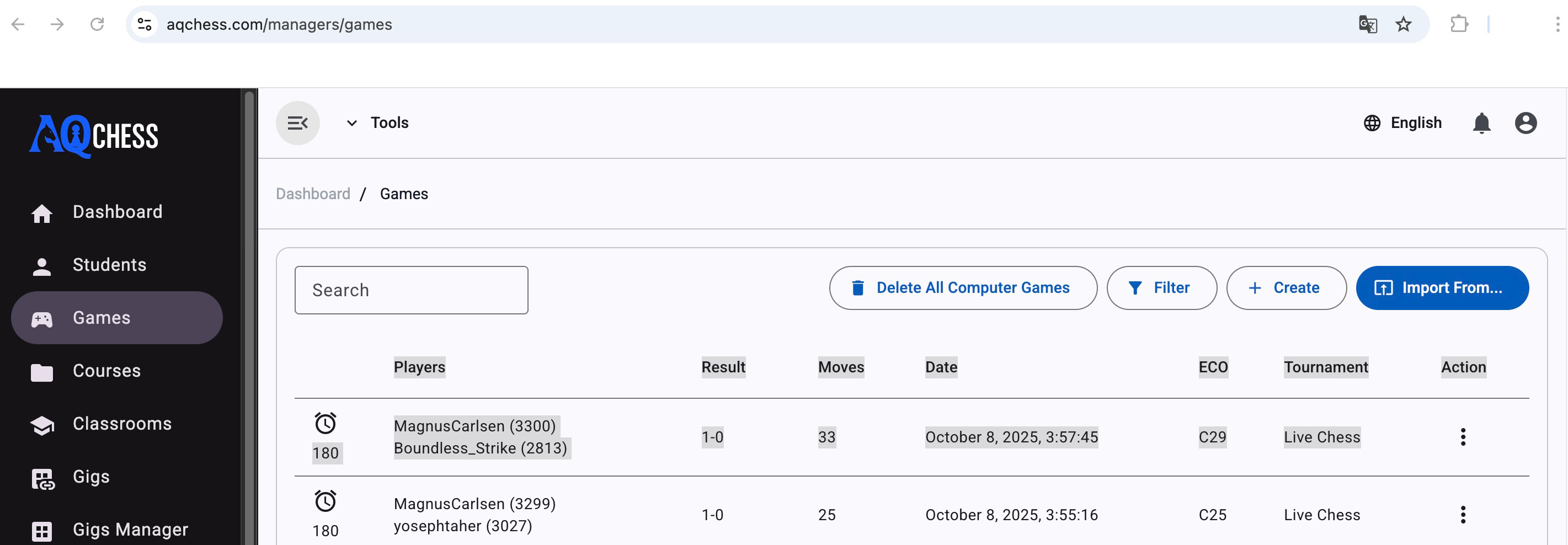 Choose year and month for chess game import