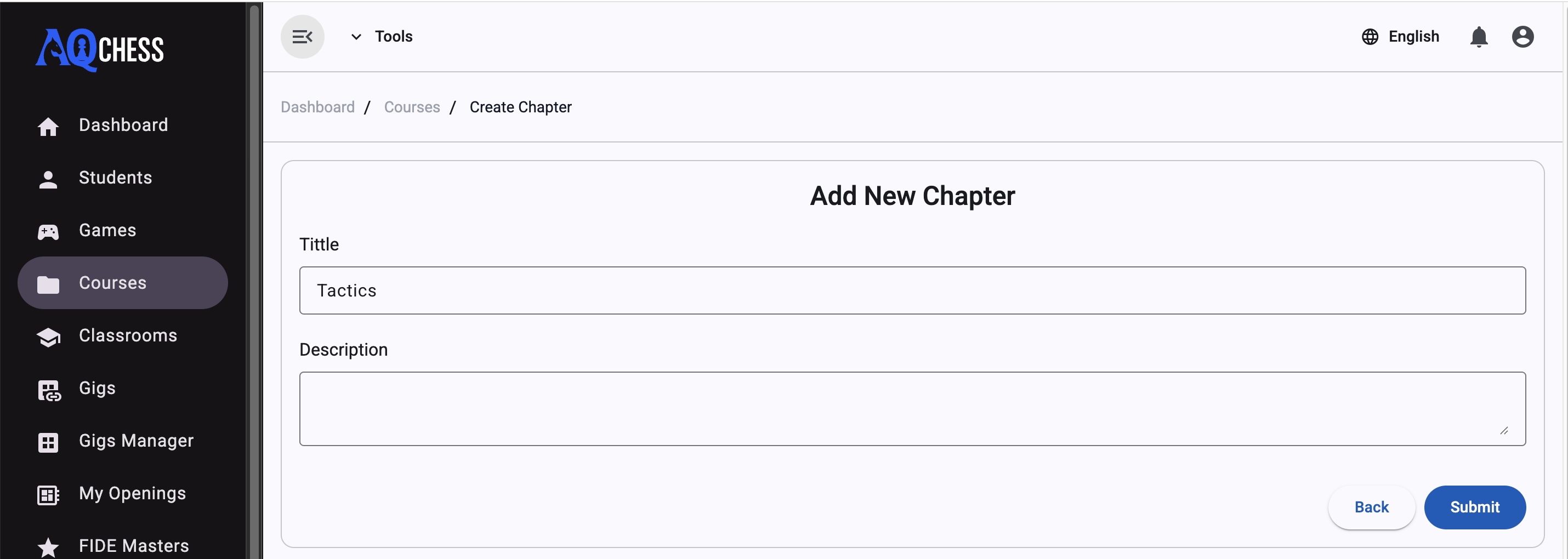Create a new Training course and Tactics chapter in AQChess