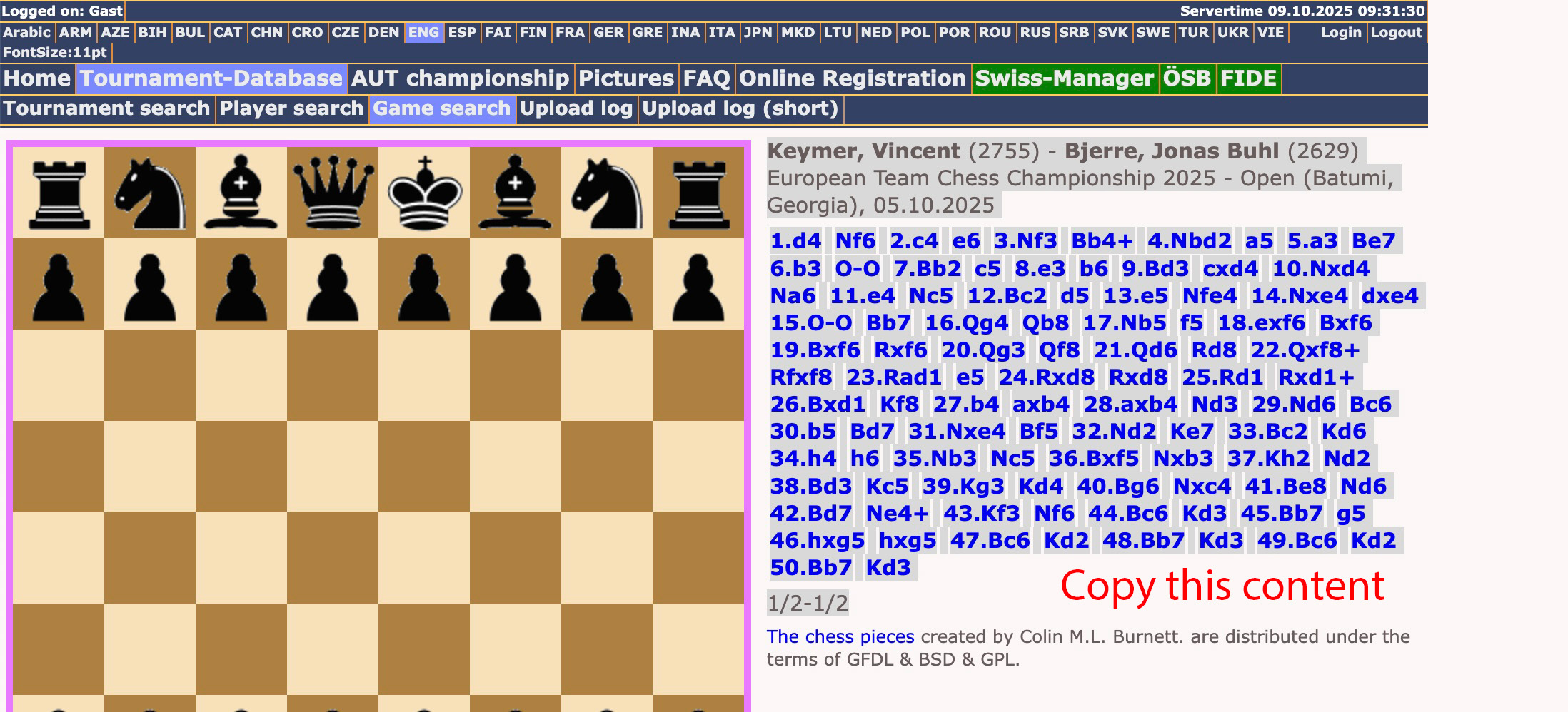 Copy PGN text from chess results or source site