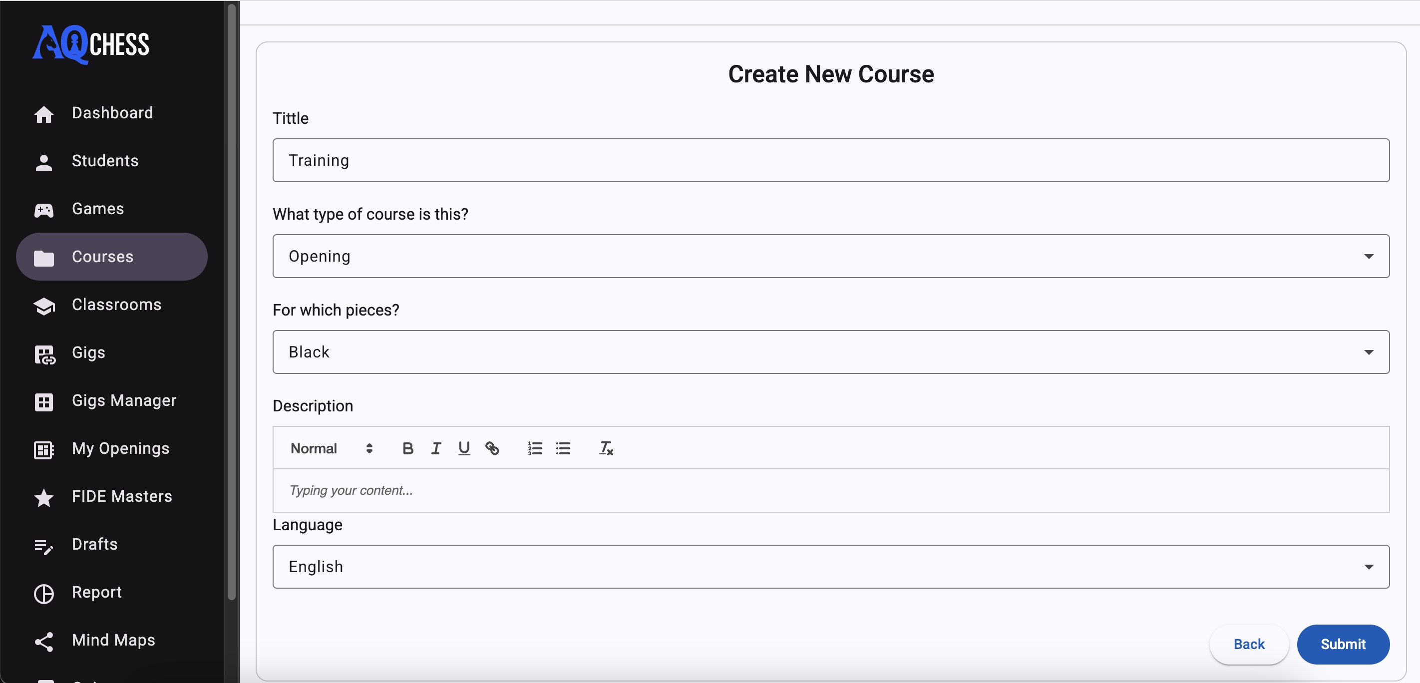 Create a new Training course and Tactics chapter in AQChess