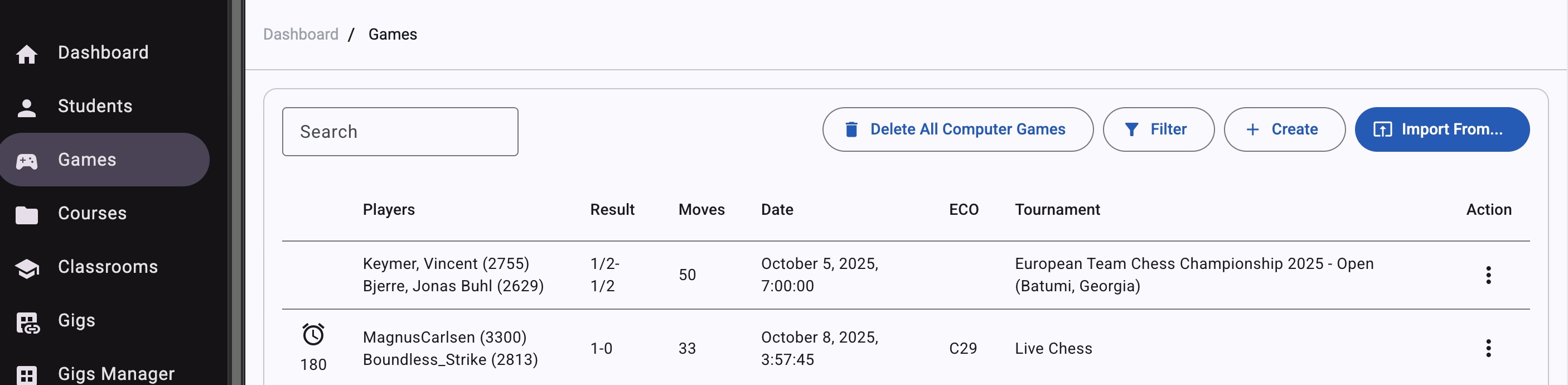 View imported chess game in AQChess Games list