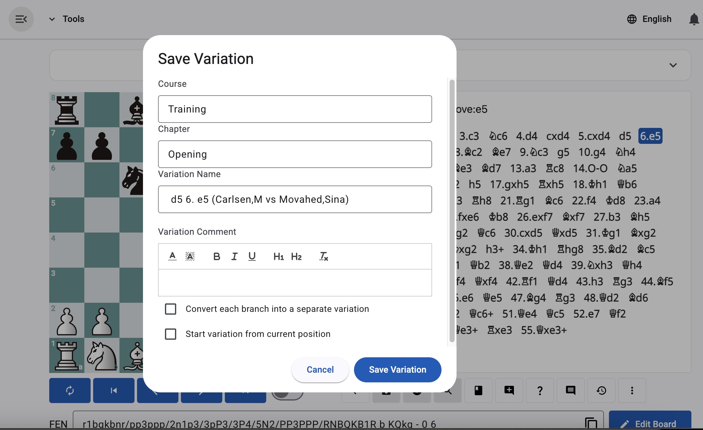 Save variation to opening course