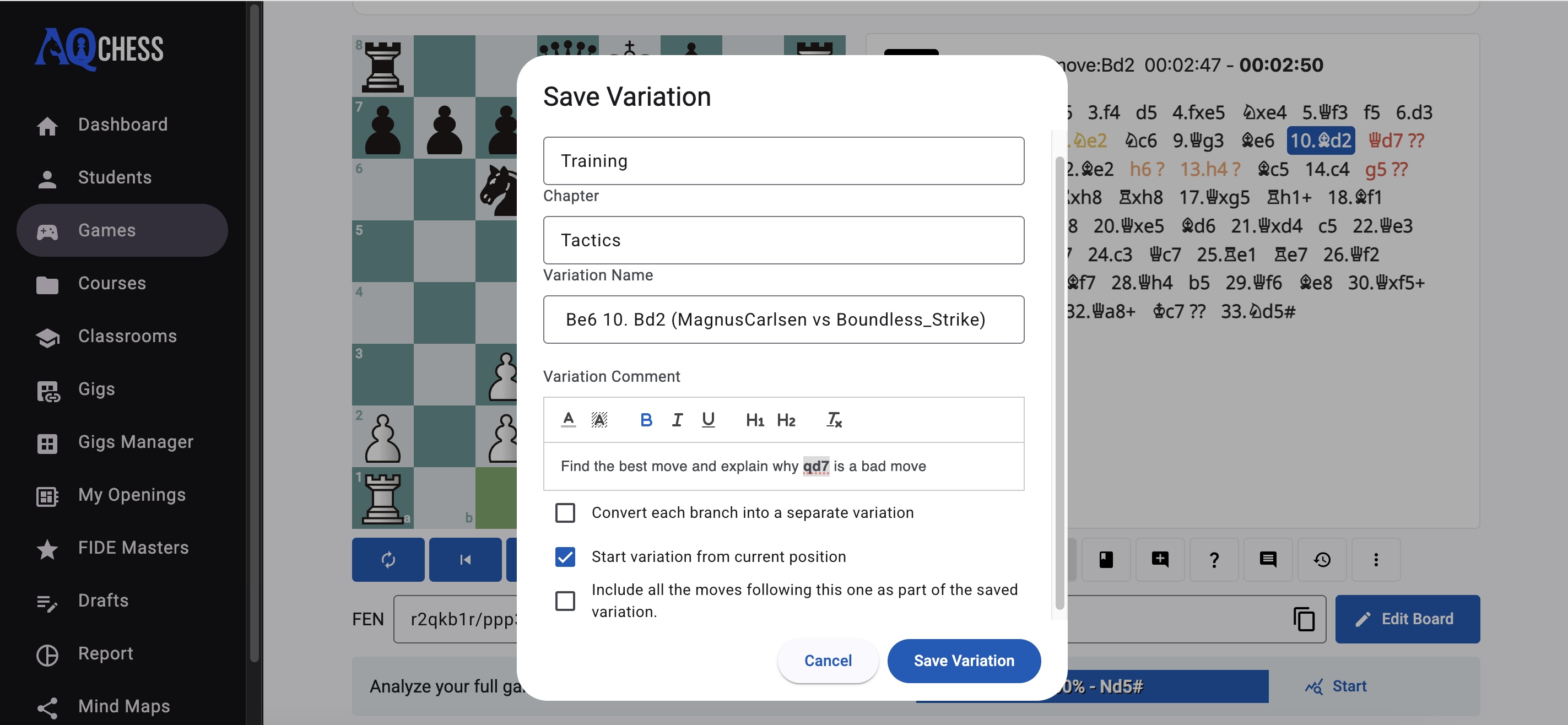 Save variation from analyzed game position